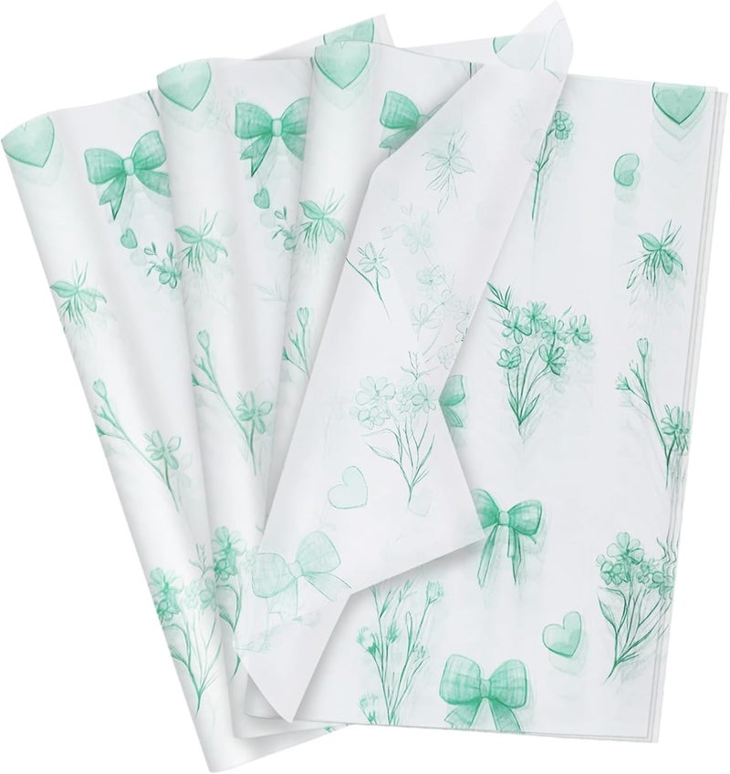Ethanberg 60 Sheets Gift Wrapping Tissue Paper Bulk, Green Bow Floral Print Tissue Paper for Gift Bags, Decorative Art Papers for DIY Crafts Wedding Birthday Baby Showers Holiday Party Decor, 20x14 Inches - Image 1